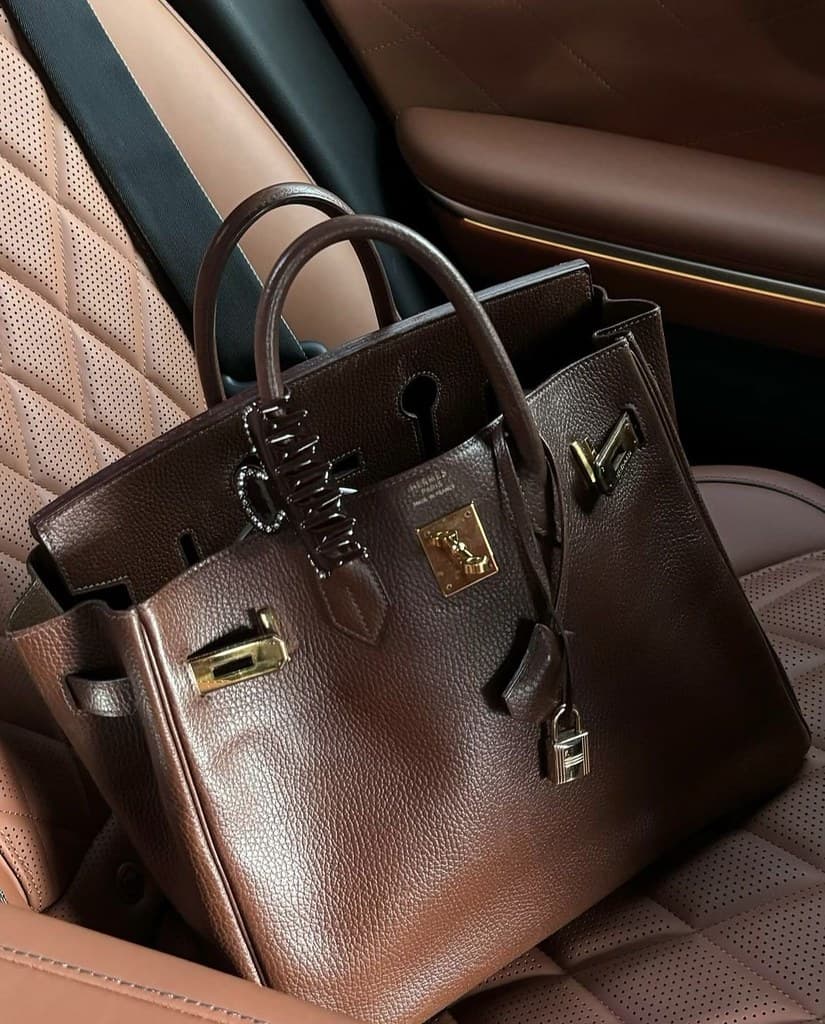 Brown Hermès Birkin handbag resting on a car seat, showing everyday use rather than display.