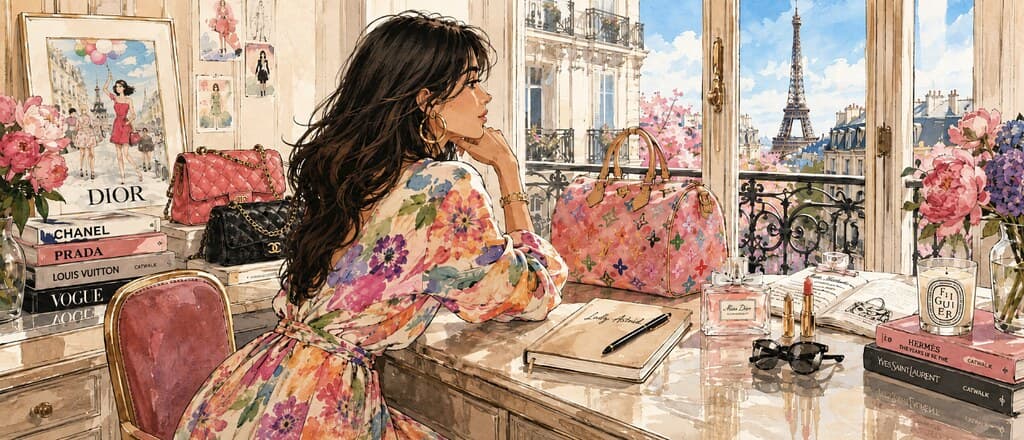 Illustrated Lady Astrid seated at a desk in a floral robe surrounded by luxury handbags, fashion books and flowers, looking toward the Eiffel Tower through a Paris apartment window.